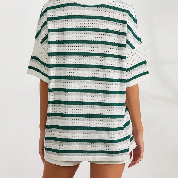 Dark Green Casual Women's Stripe Button Crochet Knit Tops And Shorts Sets - Picture 10 of 10